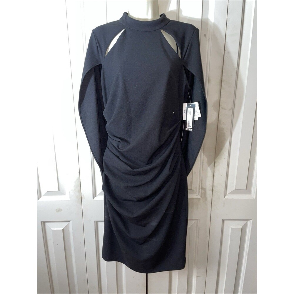 NWT Betsy & Adam A25302 Black Mock High Collar Cutout Caped Dress Sz 10